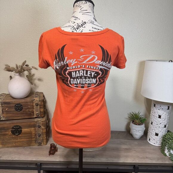 Harley Davidson Y2K Orange Henley Short Sleeve Tee Size S Embellished Biker - Picture 5 of 7